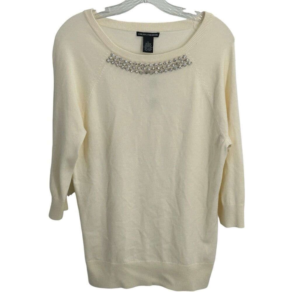 Chelsea & Theodore Womens Rhinestone Embellished Knit Sweater Cream XL